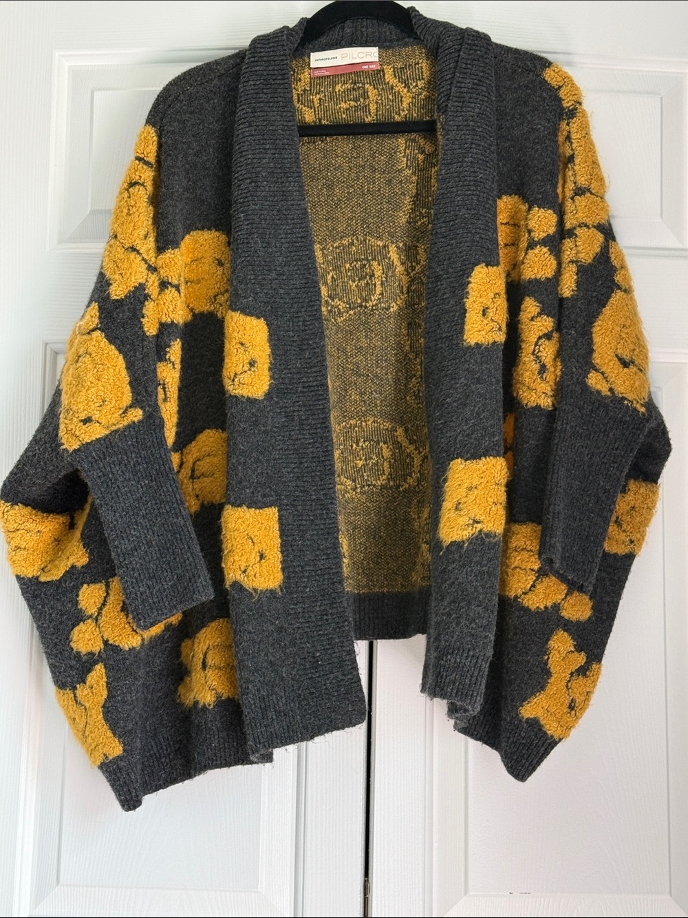 Pilcro Rosetta Charcoal and Mustard Floral Open-Front Cardigan